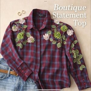 Statement Floral Appliqué Plaid Shirt Beulah Boutique Western Inspired Top